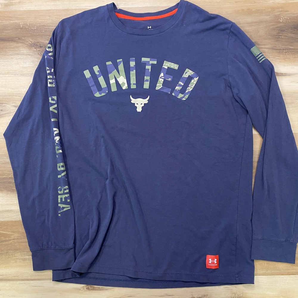Under Armour Project Rock Shirt Large Freedom United Long Sleeve Blue Camo Bull